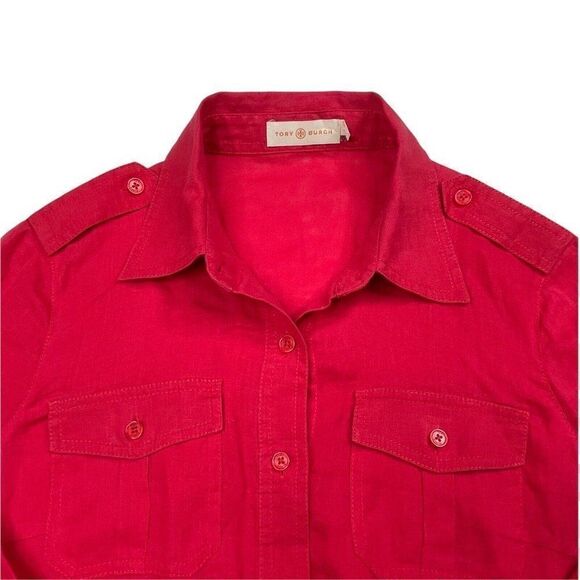 Tory Burch Linen Button Up Roll Tab Sleeve Shirt Carnival Red - Picture 3 of 9